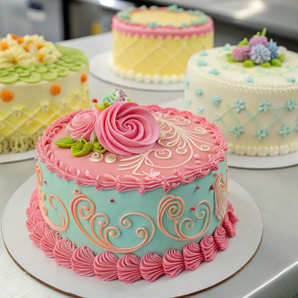 Beautifully decorated cakes with vibrant colors and intricate designs