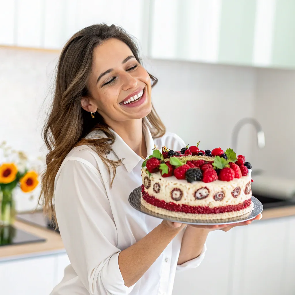 Another satisfied client holding a cake