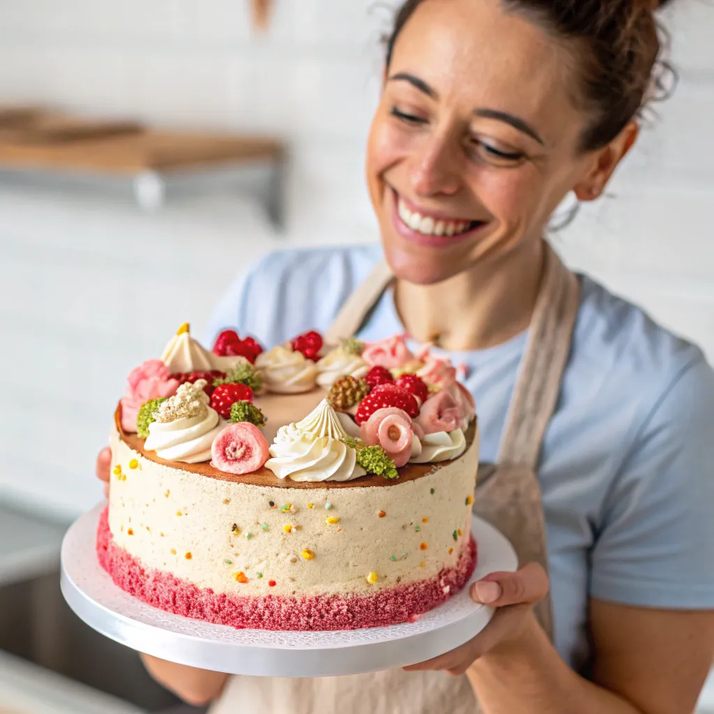 Smiling client with a decorated cake